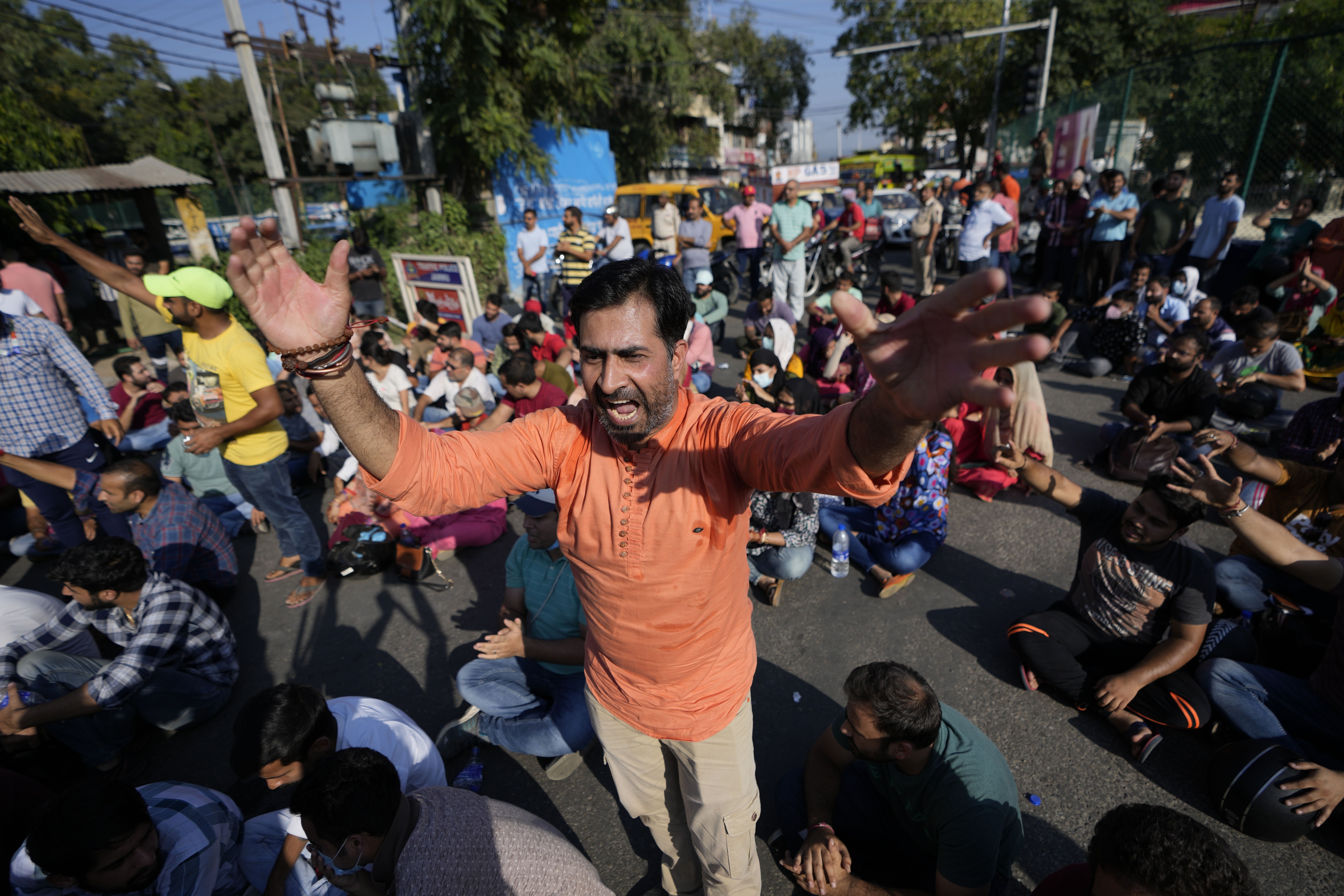 Kashmiri Hindus shout slogans against the killing of Puran Krishan Bhat during a protest in Jammu. (AP) Kashmiri Hindus shout slogans against the killing of Puran Krishan Bhat during a protest in Jammu. (AP)