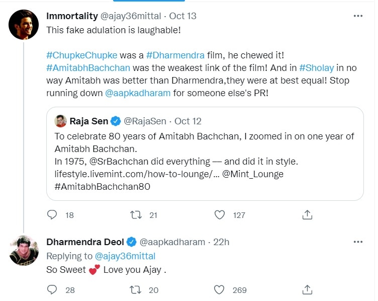 Dharmendra replied to a fan on Twitter. Dharmendra replied to a fan on Twitter. 
