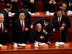 Retired official Song Ping arrives next to Wen Jiabao, former Chinese premier, Zhang Dejiang, former vice premier, and Zeng Qinghong, former vice president.