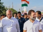 Congress leader Rahul Gandhi with party leader Mallikarjun Kharge during the party's 'Bharat Jodo Yatra' in Ballari.