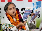 Congress party presidential candidate Shashi Tharoor addresses a press conference at the UPCC office in Lucknow on Sunday,