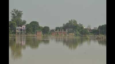 The overflowing Sarayu river has inundated several areas of Gola and Barhalganj tehsils in Gorakhpur. (HT PHOTO)