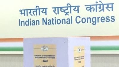 Visuals from AICC Headquarters ahead of the Congress Presidential elections tomorrow. (ANI)