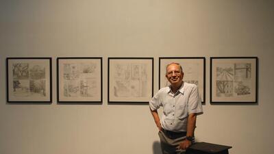 Sudhir Patwardhan displaying his sketch work in a group show at the Guild Mumbai. (HT PHOTO) Sudhir Patwardhan displaying his sketch work in a group show at the Guild Mumbai. (HT PHOTO)