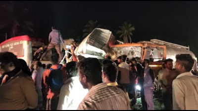 Nine people were killed and five were injured after a tempo traveller they were travelling in rammed into a milk tanker in Hassan. Nine people were killed and five were injured after a tempo traveller they were travelling in rammed into a milk tanker in Hassan.