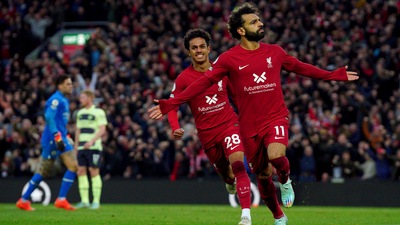 Salah celebrates after scoring his side's opening goal during the Premier League soccer match between Liverpool and Manchester City&nbsp; (AP)