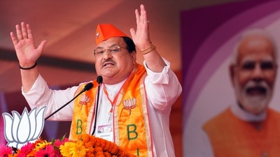 BJP National President J P Nadda addresses the 'Panch Parmeshwar Sammelan' at Ramlila Maidan, in New Delhi, October 16. (PTI)
