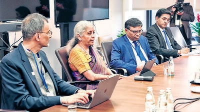 Finance minister Nirmala Sitharaman at a meeting on the sidelines of International Monetary Fund - World Bank Group Annual Meetings 2022, in Washington DC on Friday. Finance minister Nirmala Sitharaman at a meeting on the sidelines of International Monetary Fund - World Bank Group Annual Meetings 2022, in Washington DC on Friday.