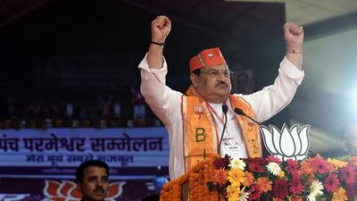 BJP president JP Nadda addresses the ‘Panch Parmeshwar Sammelan’ rally at the Ramlila Maidan in New Delhi, on Sunday. (Arvind Yadav/HT Photo) BJP president JP Nadda addresses the ‘Panch Parmeshwar Sammelan’ rally at the Ramlila Maidan in New Delhi, on Sunday. (Arvind Yadav/HT Photo)
