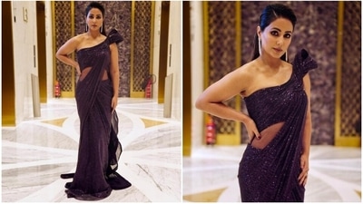 Hina Khan attends Lakme Fashion Week in a saree gown by Gaurav Gupta. (HT Photo/Varinder Chawla) Hina Khan attends Lakme Fashion Week in a saree gown by Gaurav Gupta. (HT Photo/Varinder Chawla)