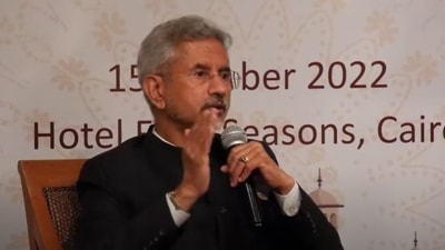 Foreign minister S Jaishankar interacting with the Indian community in Cairo on Saturday.&nbsp;