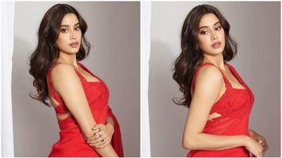Janhvi Kapoor poses in a gorgeous red saree she wore for Mili trailer launch event. (Instagram) Janhvi Kapoor poses in a gorgeous red saree she wore for Mili trailer launch event. (Instagram)