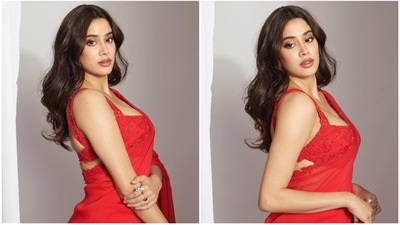 Janhvi Kapoor poses in a gorgeous red saree she wore for Mili trailer launch event.&nbsp; (Instagram)