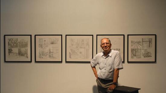 Sudhir Patwardhan displaying his sketch work in a group show at the Guild Mumbai. (HT PHOTO)