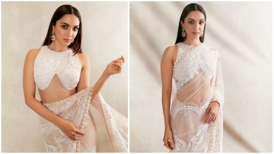 The gorgeous Kiara Advani looks dreamy in a white pearl chikankari saree.(Instagram/@manishmalhotra05)