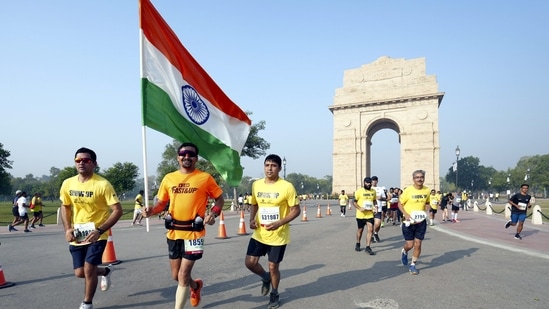 The Vedanta Delhi Half Marathon which was conducted in Delhi on Sunday, October 16 was flagged from the Jawaharlal Nehru Stadium. Chala Regasa of Ethiopia and Irine Cheptai of Kenya won the men's and women's elite races respectively.(PTI)