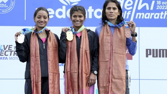 The Indian women elite race was won by Sanjivani Yadav who clocked 1:17:53. Monika Athara and Priti Lamba were second and third with 1:18:39 and 1:19:06.(PTI)