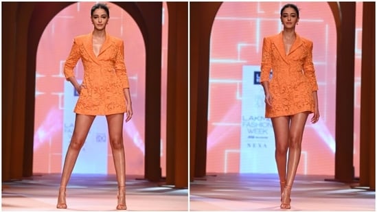Ananya Panday walks the ramp at Lakme Fashion Week in a sultry mini blazer dress.&nbsp;(HT Photo/Varinder Chawla)