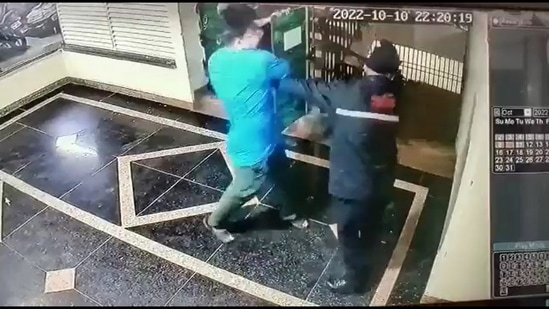 The scuffle between the man and the security guard was caught on CCTV camera. (Screengrab of video/Nikhil Choudhary Twitter)