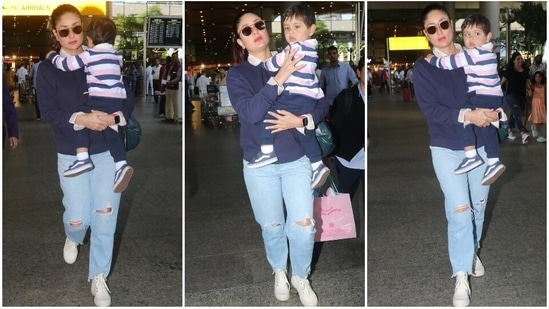 Kareena Kapoor Khan clicked at Mumbai airport with her son, Jeh Ali Khan.(HT Photo/Varinder Chawla)