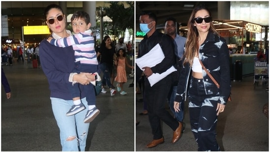 Kareena Kapoor with Jeh Ali Khan and Malaika Arora clicked at the Mumbai airport.&nbsp;(HT Photo/Varinder Chawla)