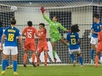 Indian goalkeeper Melody Keisham (13) saves an attack of Brazilian team during the FIFA U-17 Women's World Cup match between India and Brazil