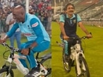 Cricket legends Viv Richards and Javed Miandad had a fun cycling contest in Lahore.(Twitter) Cricket legends Viv Richards and Javed Miandad had a fun cycling contest in Lahore.(Twitter)