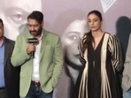 Ajay Devgn with Tabu at the trailer launch event of Drishyam 2.