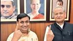 Rajasthan Chief Minister Ashok Gehlot and Rajasthan Congress chief Govind Singh Dotasra show ink-marked fingers after casting their votes for the party's presidential elections, in Jaipur on Monday. (Govind Singh Dotasra Twitter) Rajasthan Chief Minister Ashok Gehlot and Rajasthan Congress chief Govind Singh Dotasra show ink-marked fingers after casting their votes for the party's presidential elections, in Jaipur on Monday. (Govind Singh Dotasra Twitter)
