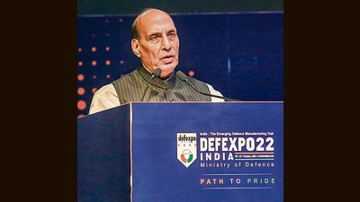 Defence Minister Rajnath Singh speaks during the Def Expo-2022 Curtain Raiser event in Gandhinagar. (PTI) Defence Minister Rajnath Singh speaks during the Def Expo-2022 Curtain Raiser event in Gandhinagar. (PTI)