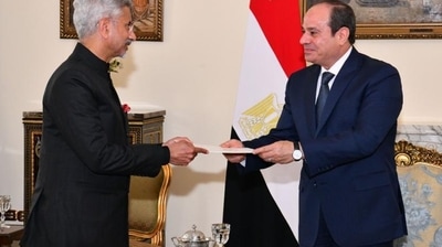 President Abdel Fattah El-Sisi of Egypt with Foreign Minister S Jaishankar. (Twitter) President Abdel Fattah El-Sisi of Egypt with Foreign Minister S Jaishankar. (Twitter) 