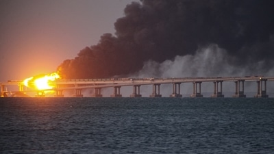 Russia-Ukraine War: Flame and smoke rise from Crimean Bridge connecting Russian mainland and Crimea. (AP)
