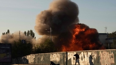 Russia-Ukraine War: A man falls on the ground following a drone attack in Kyiv. (AFP) Russia-Ukraine War: A man falls on the ground following a drone attack in Kyiv. (AFP)