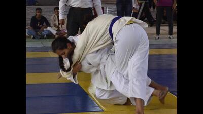 Players in action during a judo match at the Khedan Vatan Punjab Diyan being held in Ludhiana. (Harvinder Singh/HT)