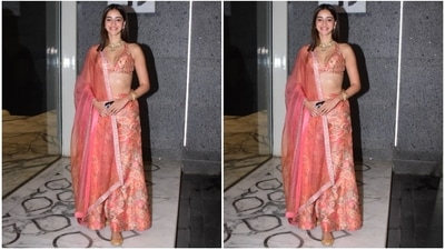 Lastly, Ananya left her tresses open in a centre parting, and for the glam, she went with a glossy coral pink lip shade, mascara on the lashes, rouged cheeks, darkened eyebrows, kohl-lined eyes, subtle eye shadow and dewy skin. (HT Photo/Varinder Chawla) Lastly, Ananya left her tresses open in a centre parting, and for the glam, she went with a glossy coral pink lip shade, mascara on the lashes, rouged cheeks, darkened eyebrows, kohl-lined eyes, subtle eye shadow and dewy skin. (HT Photo/Varinder Chawla)
