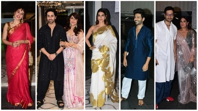 Taapsee Pannu, Kriti Sanon, Kartik Aaryan, Ali Fazal and Richa Chadha at Ayushmann Khurrana's Diwali bash. (Varinder Chawla)