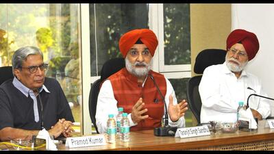 From left: IDC director Pramod Kumar, Indian Ambassador to the United States Taranjit Singh Sandhu, and former vice-chancellor of Punjabi University, Patiala, BS Ghuman during interactive session on Monday. (Keshav Singh/HT)