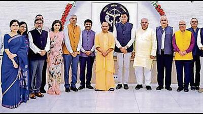 Uttar Pradesh chief minister Yogi Adityanath with Indian ambassadors to 15 countries, in Lucknow on Monday. (SOURCED IMAGE) Uttar Pradesh chief minister Yogi Adityanath with Indian ambassadors to 15 countries, in Lucknow on Monday. (SOURCED IMAGE)