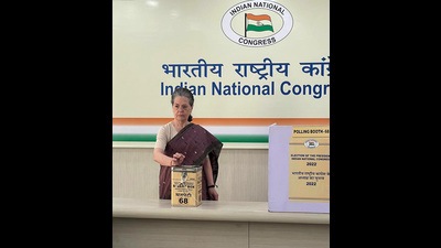 Congress leader Sonia Gandhi casts her vote during the Congress party presidential election at the AICC in New Delhi. Congress leader Sonia Gandhi casts her vote during the Congress party presidential election at the AICC in New Delhi.