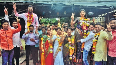 Thane, India - October 17, 2022: Victorious candidates of Uddhav Thackeray-led Shiv Sena celebrate after winning the Bhiwandi Gram Panchayat elections held in Thane district, at Dabhade Village, Bhiwandi, in Thane, Mumbai, India, on Monday, October 17, 2022. (Praful Gangurde/HT Photo) (HT PHOTO) Thane, India - October 17, 2022: Victorious candidates of Uddhav Thackeray-led Shiv Sena celebrate after winning the Bhiwandi Gram Panchayat elections held in Thane district, at Dabhade Village, Bhiwandi, in Thane, Mumbai, India, on Monday, October 17, 2022. (Praful Gangurde/HT Photo) (HT PHOTO)
