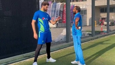 Shaheen Afridi with Mohammed Shami (Twitter/PCB) Shaheen Afridi with Mohammed Shami (Twitter/PCB)