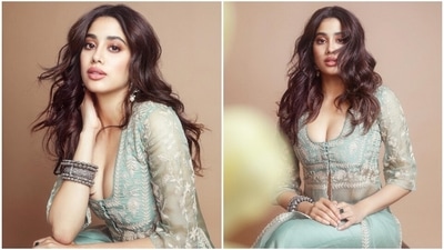 Janhvi Kapoor looks magical in sage green sheer slit kurta and palazzo pants. (Instagram) Janhvi Kapoor looks magical in sage green sheer slit kurta and palazzo pants. (Instagram)