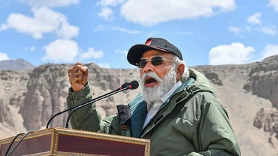 A file photo of Prime Minister Narendra Modi in Ladakh after June 15, 2020 Galwan skirmish. A file photo of Prime Minister Narendra Modi in Ladakh after June 15, 2020 Galwan skirmish.