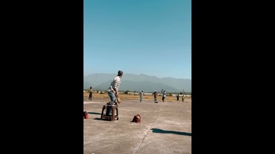 The image, taken from the viral video, shows Vicky Kaushal playing cricket post pack up. The image, taken from the viral video, shows Vicky Kaushal playing cricket post pack up. 