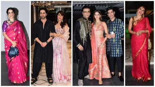 Sanya Malhotra, Ayushmann Khurrana and Tahira Kashyap, Karan Johar, Ananya Panday, Manish Malhotra and Taapsee Pannu at the Diwali bash. (Varinder Chawla)