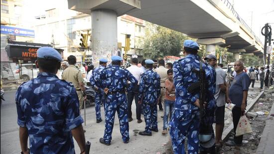 RAF personnel deployed in Ranjeet Nagar where a person succumbed to his injuries after a clash between two groups on Sunday. (HT Photo)