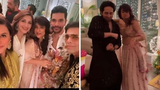 A still from Ayushmann Khurrana's Diwali bash featuring Karan Johar, Tahira Kashyap, Sonali Bendre, Neha Dhupia and Angad Bedi.&nbsp;