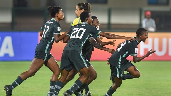 Bisola Mosaku (right) of Nigeria celebrates with her teammates after scoring a goal during the FIFA U-17 Women's World Cup match between Nigeria and Chile(PTI)