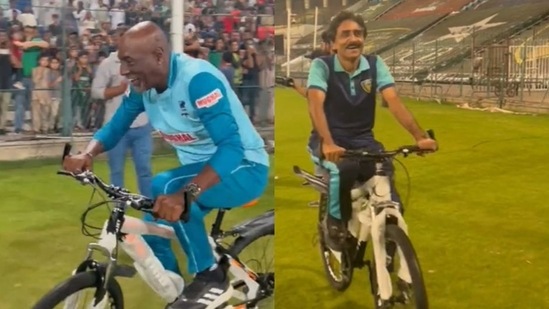 Cricket legends Viv Richards and Javed Miandad had a fun cycling contest in Lahore.(Twitter)