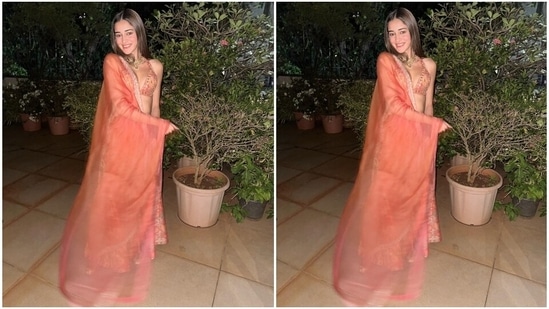 Ananya completed the backless ensemble with embroidered peach juttis, and for jewellery, she chose a gold choker necklace, matching bracelets, and oval earrings.(Instagram/@ananyapanday)